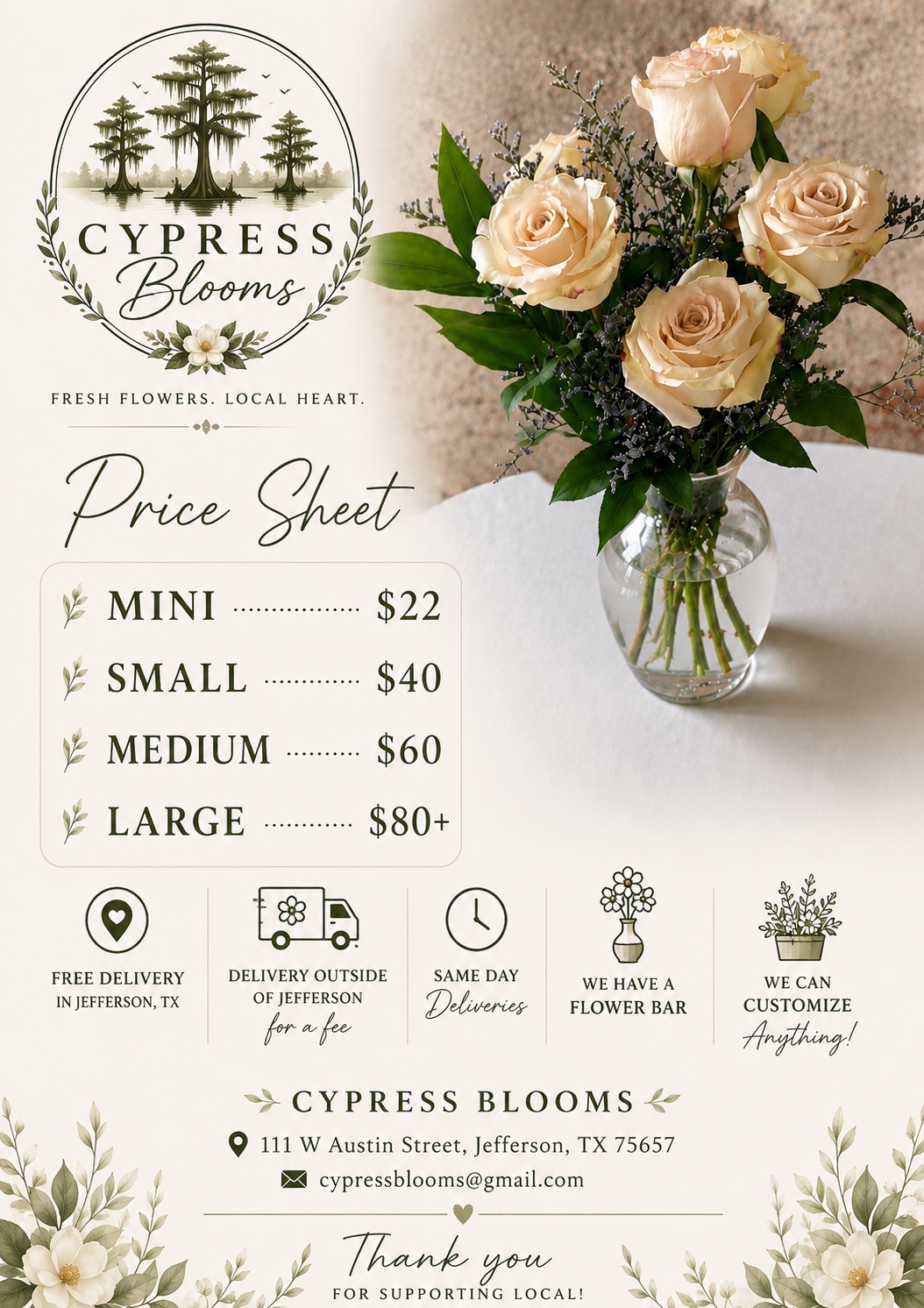 Cypress Blooms price sheet